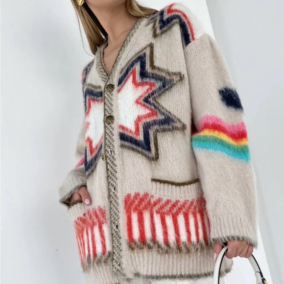 Cozy Multicolor Star Patterned Cardigan - Picture 7 of 16